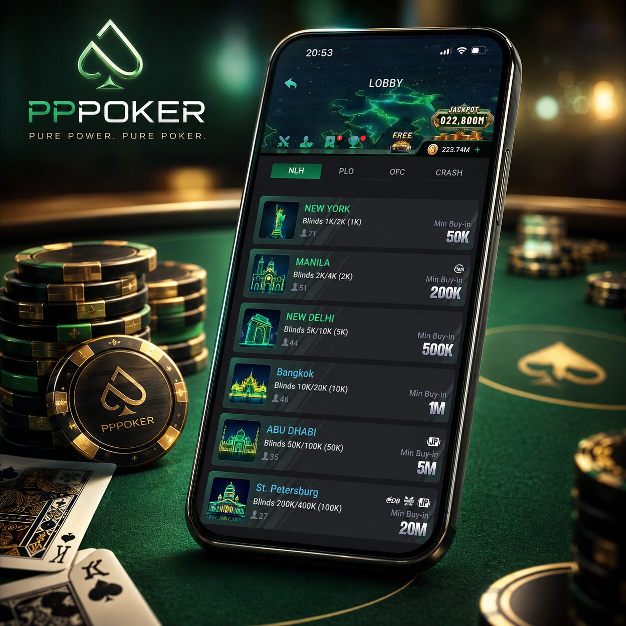 PPPoker app lobby on a smartphone - NLH, PLO and OFC tables